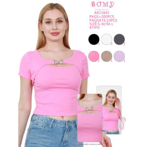 BOMY-AR11842 / BLUSA DE MANGA CORTA CON BROCHE DE MARIPOSA. Paquete 10pzs: $68 / 10 Paquetes: $64